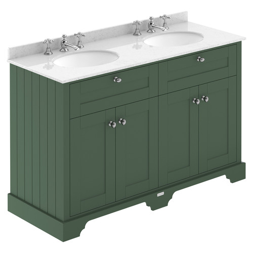 Old London Hunter Green 1200mm 4 Door Vanity Unit with White Marble Top and Double 3 Tap Hole Basins - LOF867 Main View