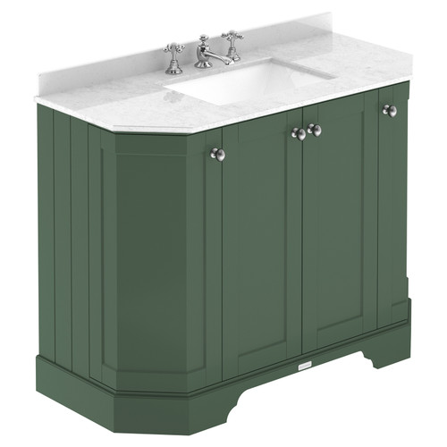 Old London Hunter Green 1000mm Angled 4 Door Vanity Unit with White Marble Top and Basin with 3 Tap Holes - LOF886 Main View