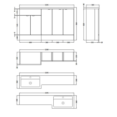 Hudson Reed Gloss White 1500mm Full Depth Combination 5 Door Vanity Storage Unit with Right Hand Basin - CBI118 - Dimensions