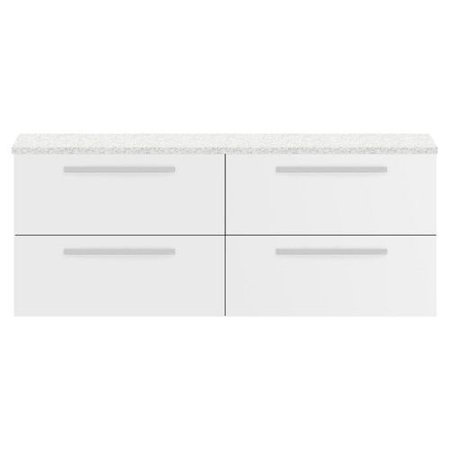 Hudson Reed Quartet Gloss White 1440mm 4 Drawer Wall Hung Double Unit with Sparkling White Worktop - QUA001LSW Main View