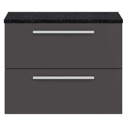 Hudson Reed Quartet Gloss Grey 720mm 2 Drawer Wall Hung Unit with Sparkling Black Worktop - QUA006LSB Main View