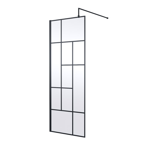 Hudson Reed 760mm x 1950mm Matt Black Abstract Wetroom Screen with Support Bar - WRSFB076 Main View