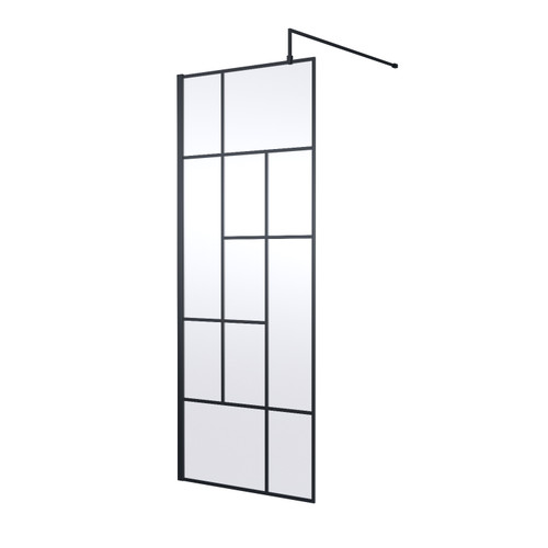 Hudson Reed Abstract 800mm x 1950mm Matt Black Wetroom Screen with Support Bar - WRSFB080 Main Image