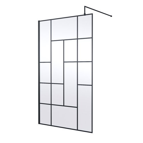 Hudson Reed Abstract 1200mm x 1950mm Matt Black Wetroom Screen with Support Bar - WRSFB12 Main View