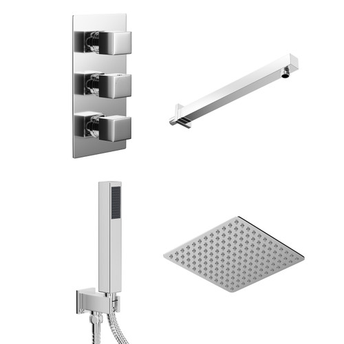 Cubix Polished Chrome Triple Thermostatic Valve Mixer Shower with Square Fixed Head and Square Handset Outlet Holder Left Hand Side View