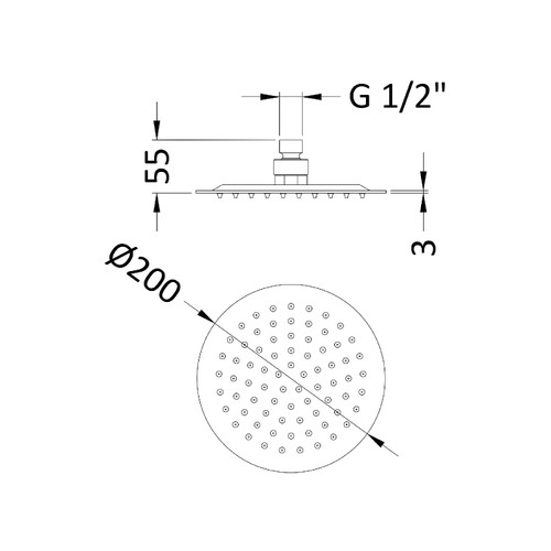 Nuie Brushed Gunmetal 200mm Round Fixed Shower Head - A7082 Dimensions