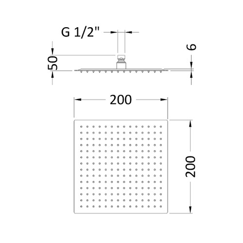 Nuie Brushed Gunmetal 200mm Square Fixed Shower Head - A7088 Dimensions