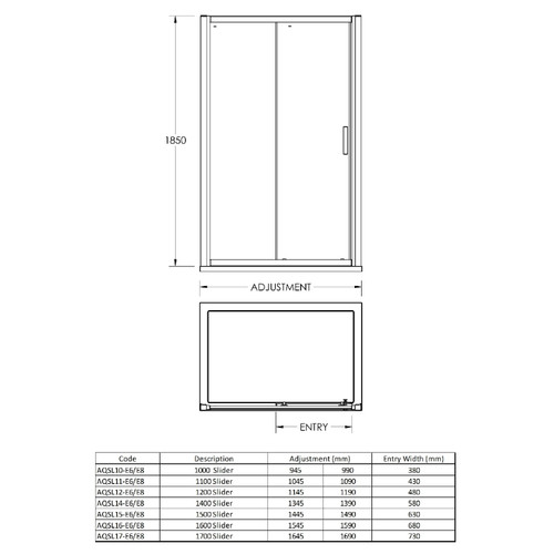 Nuie Pacific 1700mm Sliding Shower Door with Rounded Polished Chrome Handle - AQSL17H3 Dimensions