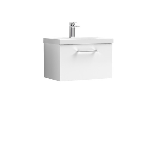 Nuie Arno Gloss White 600mm Wall Hung Single Drawer Vanity Unit with 40mm Profile Basin - ARN122A Front View