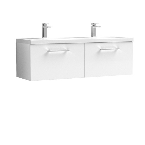 Nuie Arno Gloss White 1200mm Wall Hung 2 Drawer Vanity Unit with Twin Polymarble Basin - ARN122F Front View