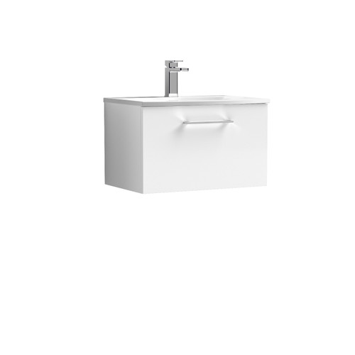 Nuie Arno Gloss White 600mm Wall Hung Single Drawer Vanity Unit with 30mm Curved Profile Basin - ARN122G Front View