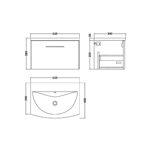 Nuie Arno Gloss White 600mm Wall Hung Single Drawer Vanity Unit with 30mm Curved Profile Basin - ARN122G Dimensions