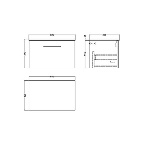 Nuie Arno Gloss White 600mm Wall Hung Single Drawer Vanity Unit with Worktop - ARN122W Dimensions