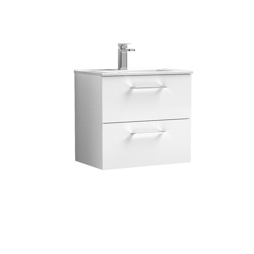 Nuie Arno Gloss White 600mm Wall Hung 2 Drawer Vanity Unit with 18mm Profile Basin - ARN124B Front View