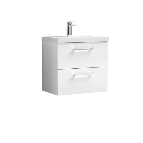 Nuie Arno Gloss White 600mm Wall Hung 2 Drawer Vanity Unit with 50mm Profile Basin - ARN124D Front View