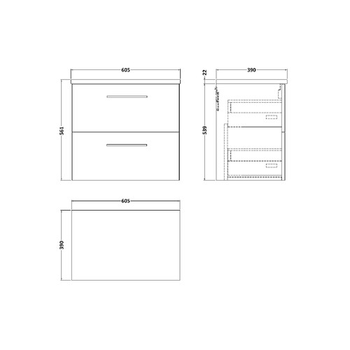 Nuie Arno Gloss White 600mm Wall Hung 2 Drawer Vanity Unit with Bellato Grey Laminate Worktop - ARN124LBG Dimensions