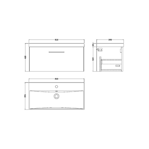 Nuie Arno Gloss White 800mm Wall Hung Single Drawer Vanity Unit with 50mm Profile Basin - ARN125D Dimensions