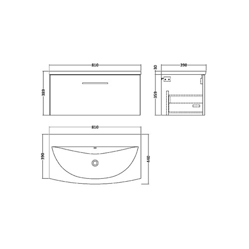 Nuie Arno Gloss White 800mm Wall Hung Single Drawer Vanity Unit with 30mm Curved Profile Basin - ARN125G Dimensions