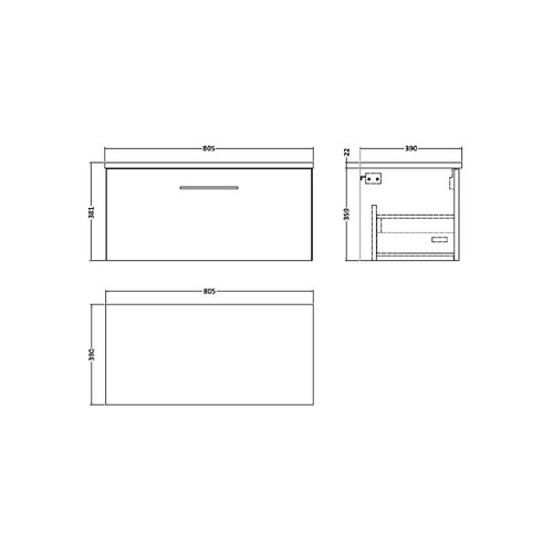 Nuie Arno Gloss White 800mm Wall Hung Single Drawer Vanity Unit with Sparkling Black Laminate Worktop - ARN125LSB Dimensions