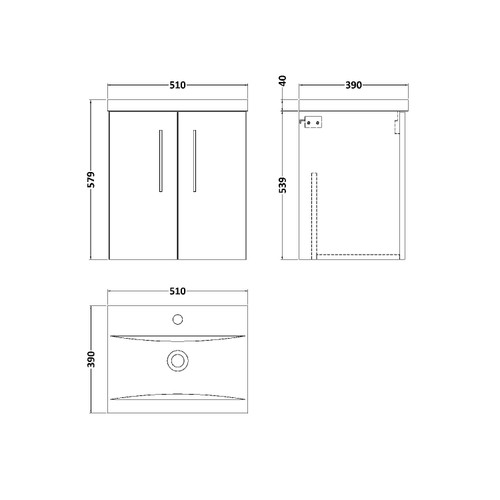 Nuie Arno Gloss Cloud Grey 500mm Wall Hung 2 Door Vanity Unit with 40mm Profile Basin - ARN1321A Dimensions