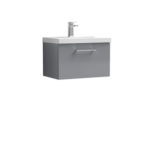 Nuie Arno Gloss Cloud Grey 600mm Wall Hung Single Drawer Vanity Unit with 50mm Profile Basin - ARN1322D Front View