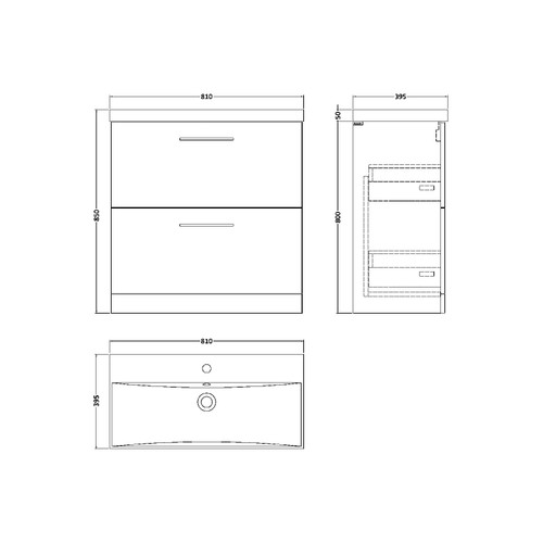 Nuie Arno Gloss White 800mm 2 Drawer Vanity Unit with 50mm Profile Basin - ARN135D Dimensions