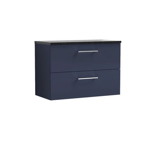 Nuie Arno Matt Electric Blue 800mm Wall Hung 2 Drawer Vanity Unit with Sparkling Black Laminate Worktop - ARN1726LSB Front View
