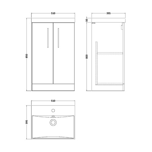 Nuie Arno Solace Oak 500mm 2 Door Vanity Unit with 50mm Profile Basin - ARN2501D Dimensions