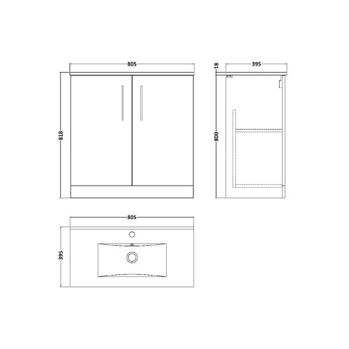 Nuie Arno Solace Oak 800mm 2 Door Vanity Unit with 18mm Profile Basin - ARN2505B Dimensions