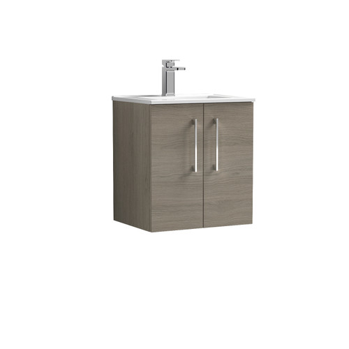 Nuie Arno Solace Oak 500mm Wall Hung 2 Door Vanity Unit with 18mm Profile Basin - ARN2521B Front View