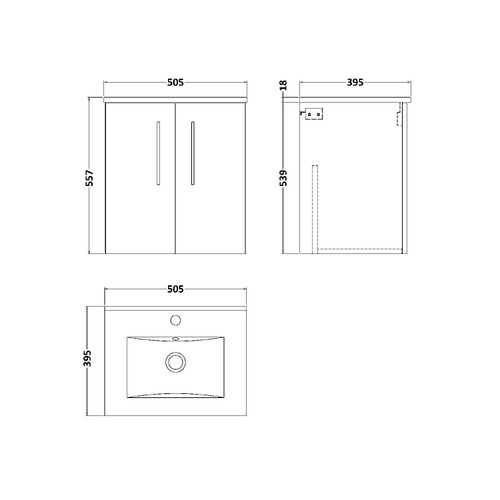 Nuie Arno Solace Oak 500mm Wall Hung 2 Door Vanity Unit with 18mm Profile Basin - ARN2521B Dimensions