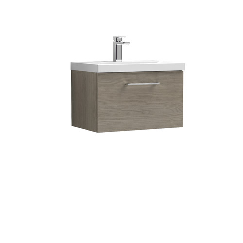 Nuie Arno Solace Oak 600mm Wall Hung Single Drawer Vanity Unit with 40mm Profile Basin - ARN2522A Front View