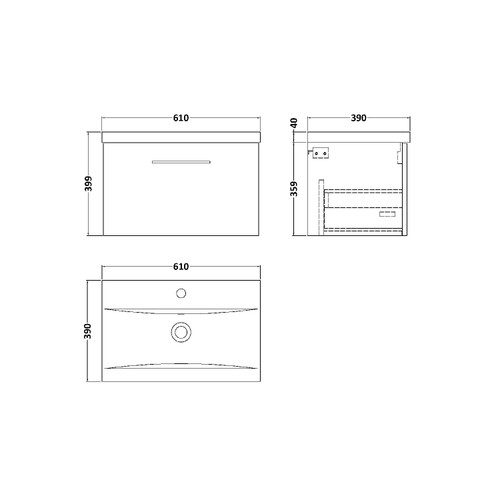 Nuie Arno Solace Oak 600mm Wall Hung Single Drawer Vanity Unit with 40mm Profile Basin - ARN2522A Dimensions