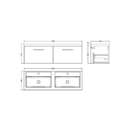 Nuie Arno Solace Oak 1200mm Wall Hung 2 Drawer Vanity Unit with Double Basin - ARN2522C Dimensions