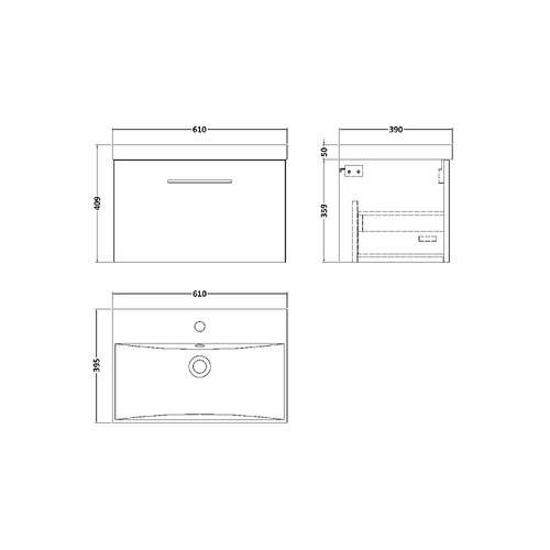 Nuie Arno Solace Oak 600mm Wall Hung Single Drawer Vanity Unit with 50mm Profile Basin - ARN2522D Dimensions