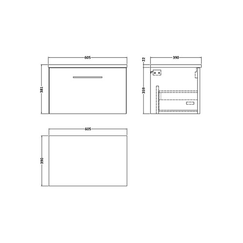 Nuie Arno Solace Oak 600mm Wall Hung Single Drawer Vanity Unit with Sparkling Black Laminate Worktop - ARN2522LSB Dimensions