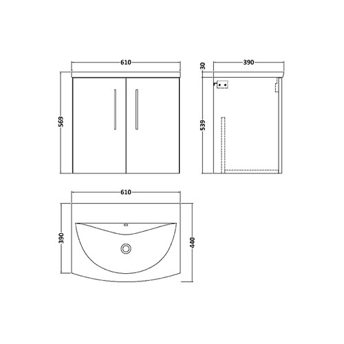 Nuie Arno Solace Oak 600mm Wall Hung 2 Door Vanity Unit with 30mm Curved Profile Basin - ARN2523G Dimensions