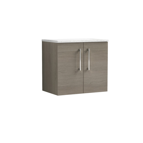 Nuie Arno Solace Oak 600mm Wall Hung 2 Door Vanity Unit with Sparkling White Laminate Worktop - ARN2523LSW Front View