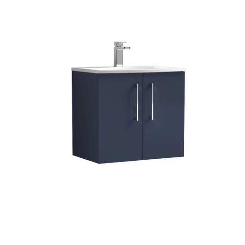 Nuie Arno Matt Electric Blue 600mm Wall Hung 2 Door Vanity Unit with 30mm Curved Profile Basin - ARN1723G Front View