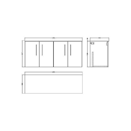 Nuie Arno Solace Oak 1200mm Wall Hung 4 Door Vanity Unit with Worktop - ARN2523W2 Dimensions