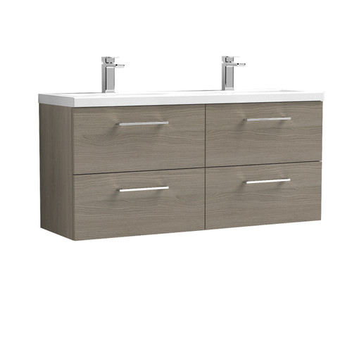 Nuie Arno Solace Oak 1200mm Wall Hung 4 Drawer Vanity Unit with Twin Polymarble Basin - ARN2524F Front View