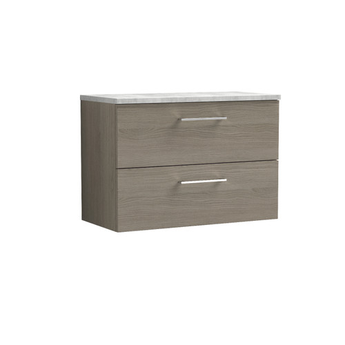 Nuie Arno Solace Oak 800mm Wall Hung 2 Drawer Vanity Unit with Bellato Grey Laminate Worktop - ARN2526LBG Front View