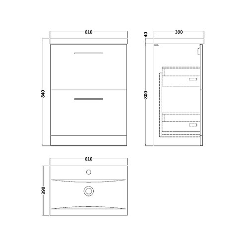 Nuie Arno Solace Oak 600mm 2 Drawer Vanity Unit with 40mm Profile Basin - ARN2533A Dimensions