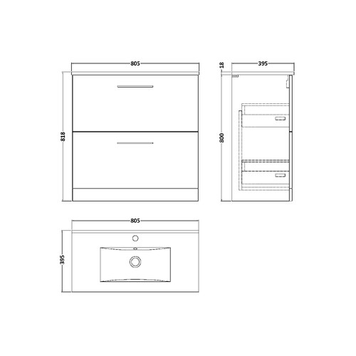 Nuie Arno Solace Oak 800mm 2 Drawer Vanity Unit with 18mm Profile Basin - ARN2535B Dimensions