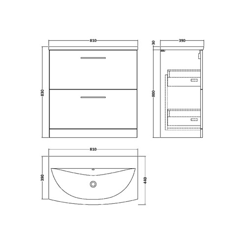 Nuie Arno Solace Oak 800mm 2 Drawer Vanity Unit with 30mm Profile Curved Basin - ARN2535G Dimensions