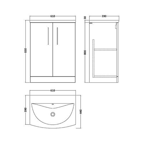 Nuie Arno Anthracite 600mm 2 Door Vanity Unit with 30mm Profile Curved Basin - ARN503G Dimensions