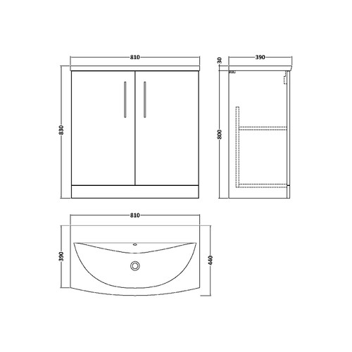 Nuie Arno Anthracite 800mm 2 Door Vanity Unit with 30mm Profile Curved Basin - ARN505G Dimensions