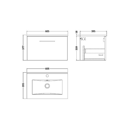 Nuie Arno Anthracite 600mm Wall Hung Single Drawer Vanity Unit with 18mm Profile Basin - ARN522B Dimensions