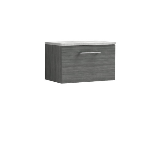 Nuie Arno Anthracite 600mm Wall Hung Single Drawer Vanity Unit with Bellato Grey Laminate Worktop - ARN522LBG Front View