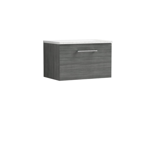 Nuie Arno Anthracite 600mm Wall Hung Single Drawer Vanity Unit with Sparkling White Laminate Worktop - ARN522LSW Front View